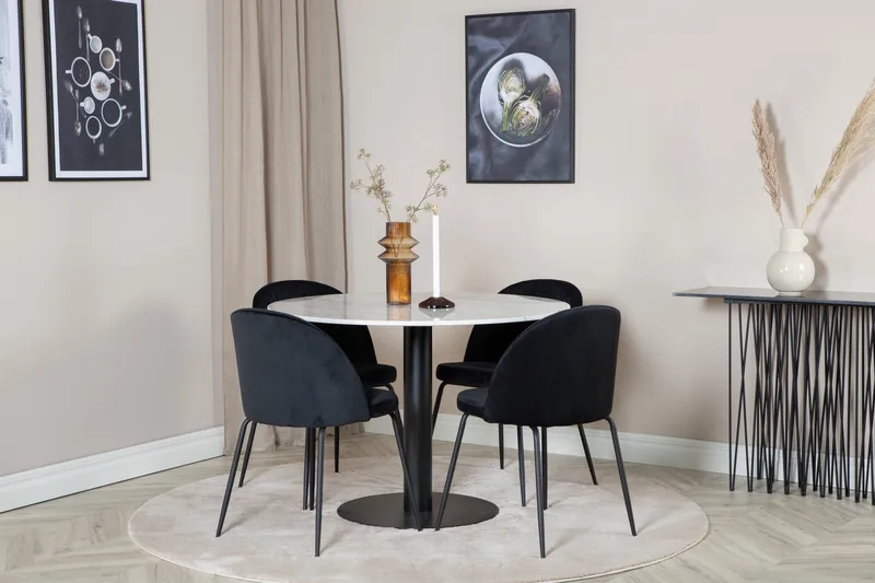 Admira Spisegruppe 106 cm Rund inkl. 4 Foyos Stoler - Marmor/Hvit/Svart - Møbler - Bord - Spisegruppe