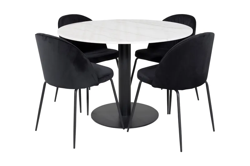 Admira Spisegruppe 106 cm Rund inkl. 4 Foyos Stoler, Marmor/Hvit/Svart