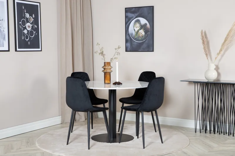 Admira Spisegruppe 106 cm Rund inkl. 4 Ypas Stoler - Marmor/Hvit/Svart - Møbler - Bord - Spisegruppe