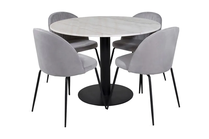 Admira Spisegruppe 106 cm Rund Marmor inkl. 4 Foyos Stoler, Hvit/Svart/Grå