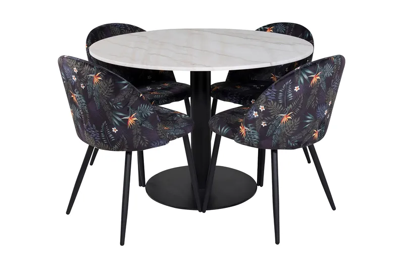 Admira Spisegruppe 106 cm Rund Marmor inkl. 4 Sedavi Stoler, Hvit/Svart/Blå