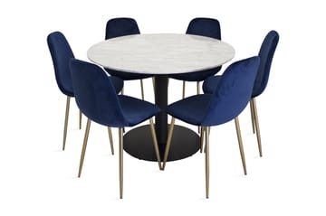 Admira Spisegruppe 106 cm Rund Marmor med 6 Valeri Kjøkkenstoler - Fløyel Grå/Svart - Møbler - Bord - Spisegruppe