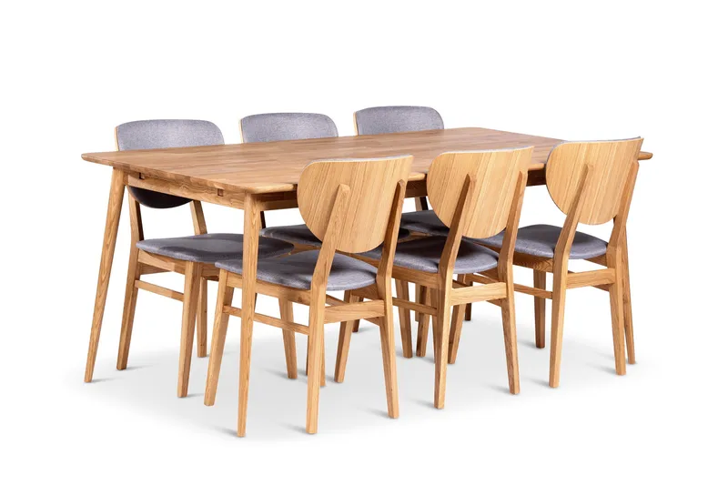 Alborg Spisegruppe 180 cm med 6 Borgholm-stoler i massivt tre, Lysebrun/Natur