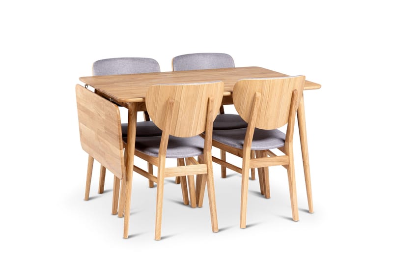 Alborg Uttrekkbar Spisegruppe 120-160 cm med 4 Borgholm-stoler i massivt tre, Brun/Natur