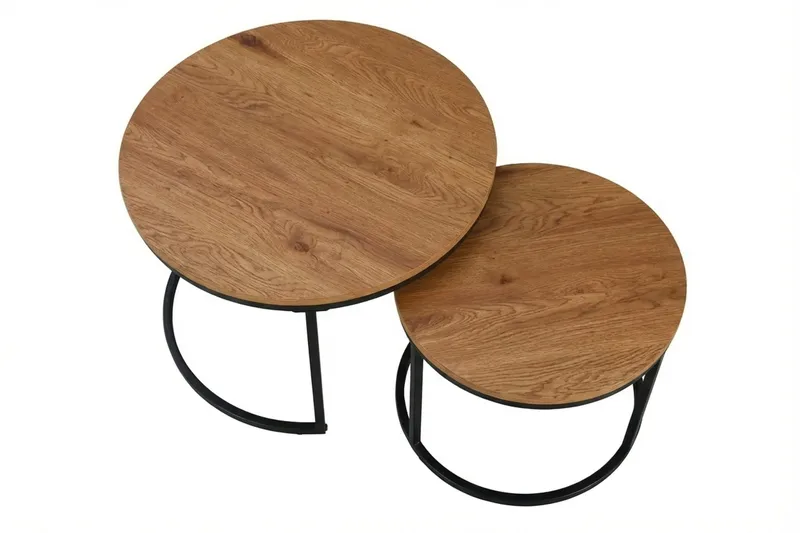 Alex Rundt Satsbord - 2 Sofabord 76 og 57 cm med Tre- og Eikeutseende og Metallben - Natur - Møbler - Bord - Sofabord & salongbord
