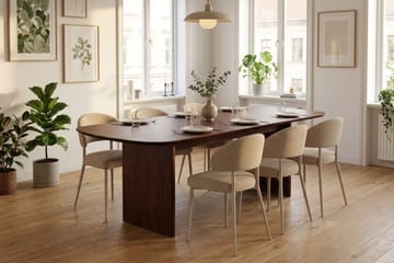 Alma Rektangulær Spisestuegruppe 220 cm – Spisebord med Valnøttutseende og 6 Polstrede Sawako Spisestoler - Brun|Beige - Møbler - Bord - Spisegruppe