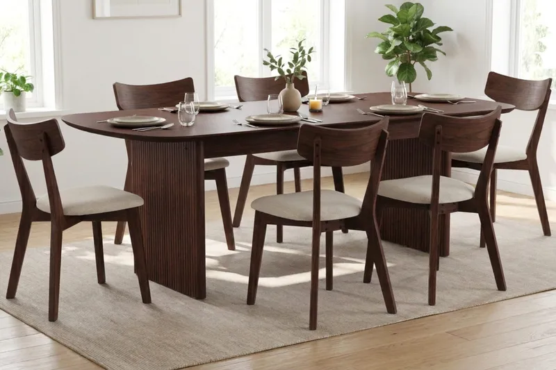 Alma spisegruppe 220 cm rektangulær i valnøtt med 6 Amelia spisestoler med pute - Valnøtt/beige - Møbler - Bord - Spisegruppe