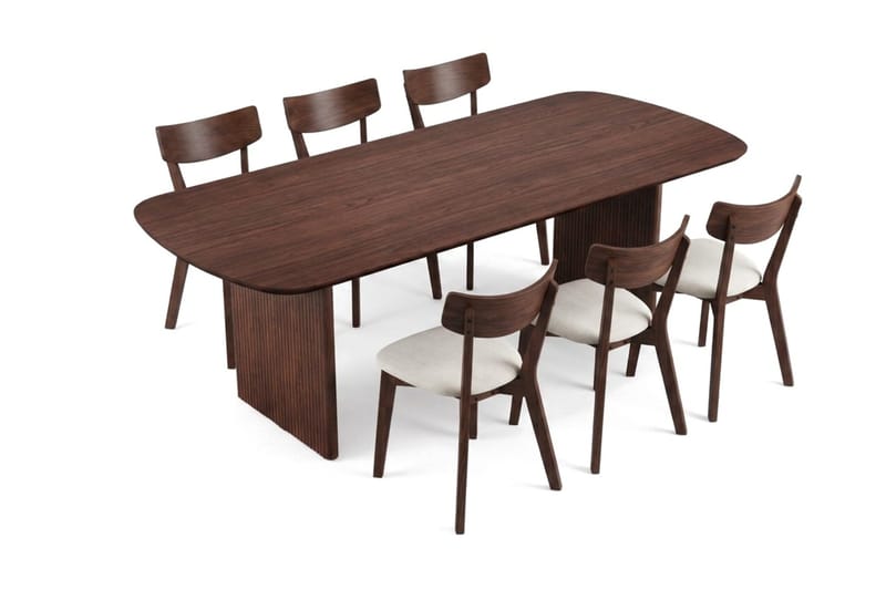 Alma spisegruppe 220 cm rektangulær i valnøtt med 6 Amelia spisestoler med pute - Valnøtt/beige - Møbler - Bord - Spisegruppe