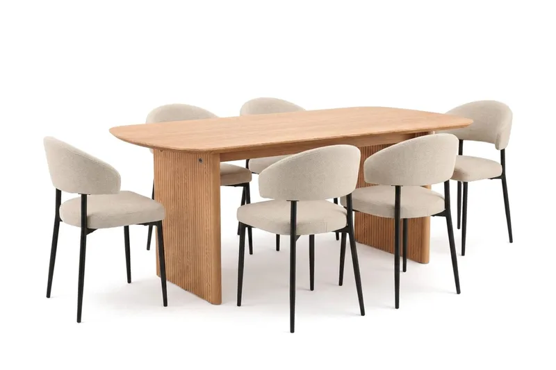 Alma spisegruppe rektangulær 180 cm eik med 6 Sawako spisestoler, Eik