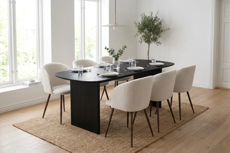 Alma spisegruppe rektangulær 180 cm svart med 6 Greya spisestoler - Svartbeiset eik - Møbler - Bord - Spisegruppe