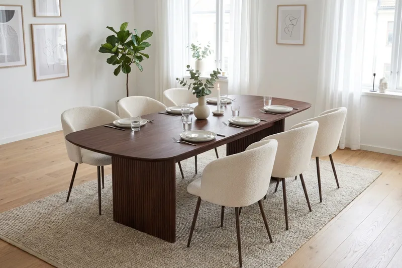 Alma spisegruppe rektangulær 220 cm valnøtt med 6 Greya spisestoler - Valnøtt/hvit - Møbler - Bord - Spisegruppe