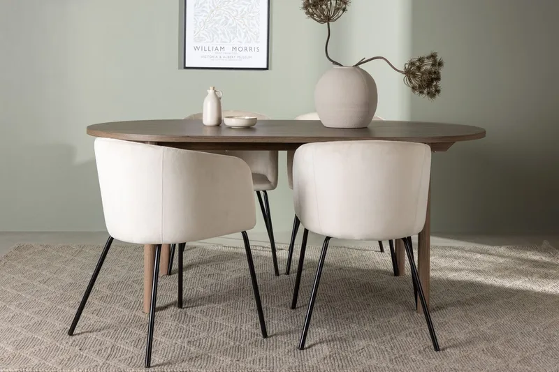 Andy Spisebord 180x90 cm Brun med 4 Berit Armstoler i Fløyel med Armlener