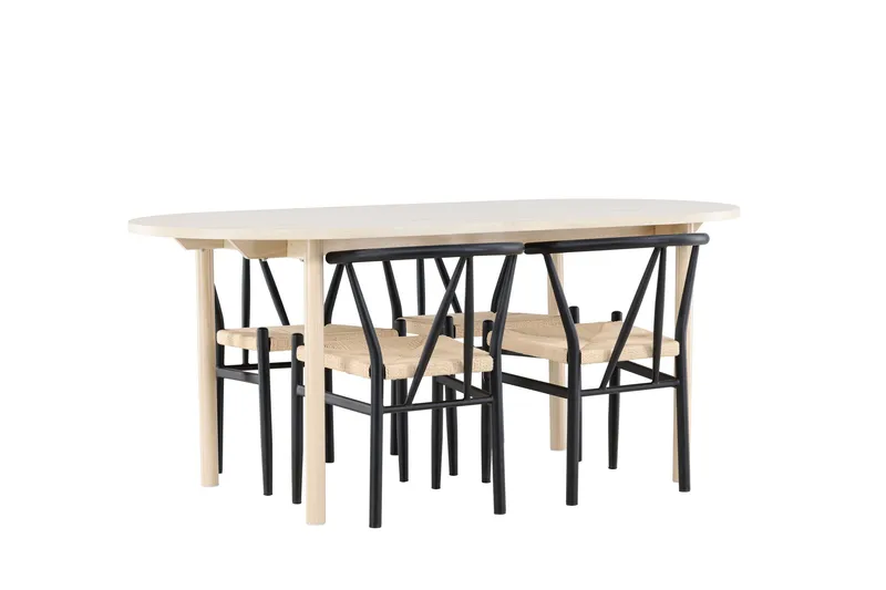 Andy Spisegruppe 180 cm Oval med 4 Alfons stoler - Whitewash/Sort - Møbler - Bord - Spisegruppe