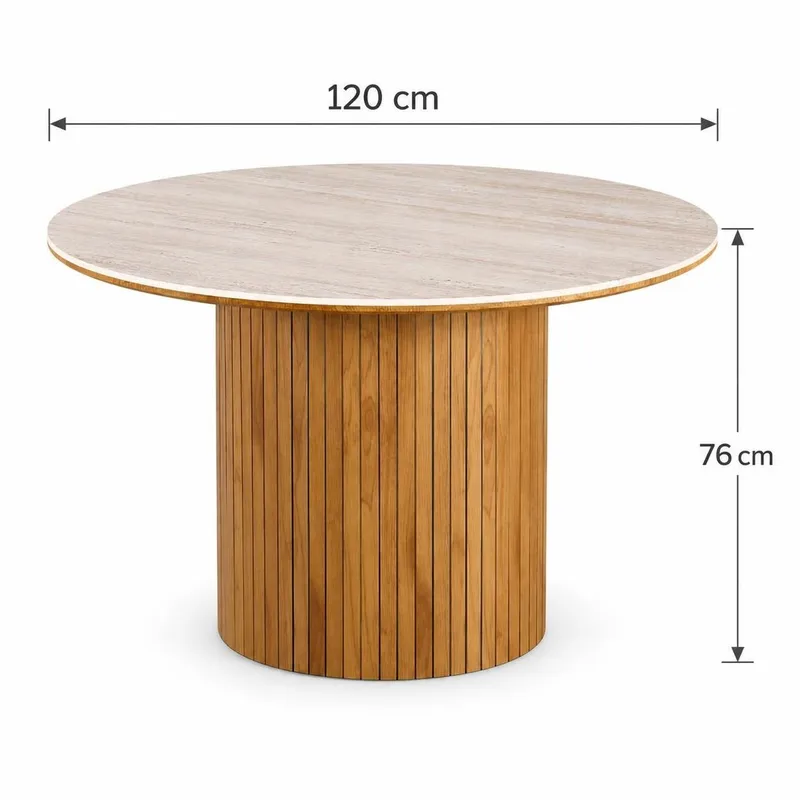 Arvo Rundt Spisebord 120 cm i Travertin med Søylefot i Eikeutseende - Beige - Møbler - Bord - Spisebord & kjøkkenbord