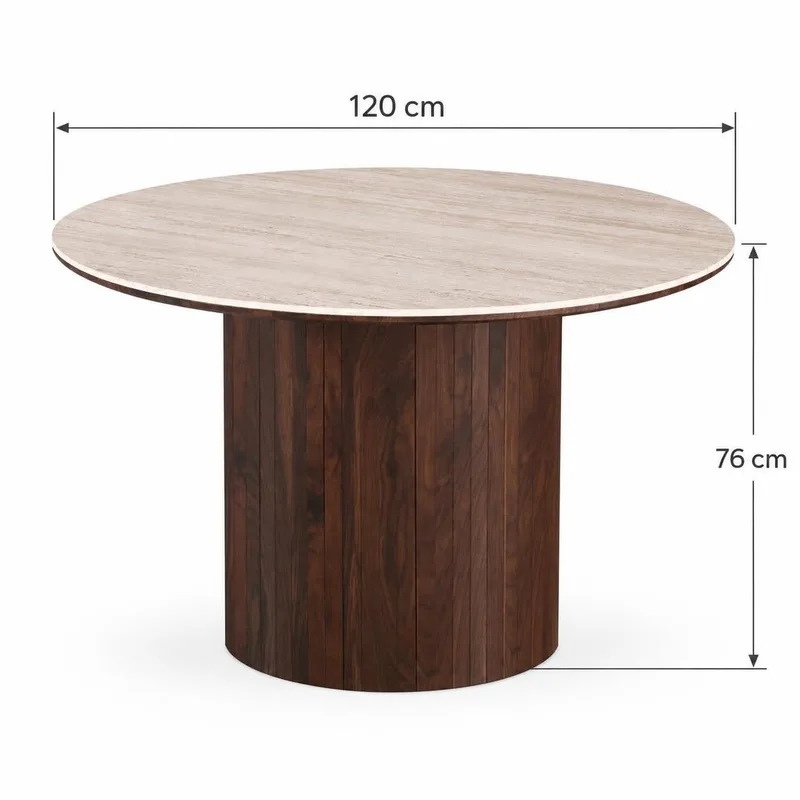 Arvo Rundt Spisebord 120 cm i Travertin med Søylefot i Valnøttutseende - Beige - Møbler - Bord - Spisebord & kjøkkenbord