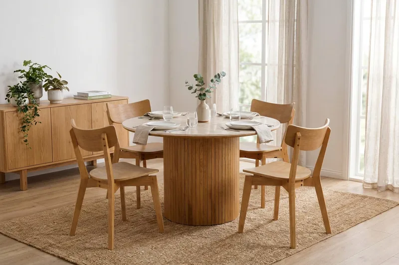 Arvo spisegruppe rund 120 cm eik med 4 Amelia spisestoler - Eik - Møbler - Bord - Spisegruppe