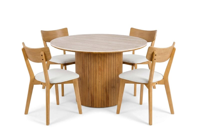 Arvo spisegruppe rund 120 cm eik med 4 Amelia spisestoler med pute, Eik