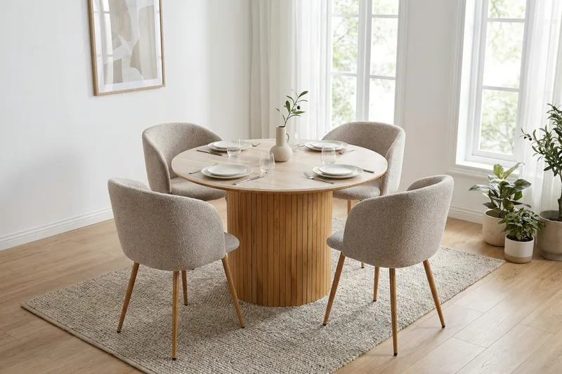 Arvo spisegruppe rund 120 cm eik med 4 Greya spisestoler - Eik/Greige - Møbler - Bord - Spisegruppe
