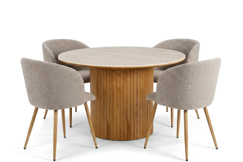 Arvo spisegruppe rund 120 cm eik med 4 Greya spisestoler - Eik/Greige - Møbler - Bord - Spisegruppe