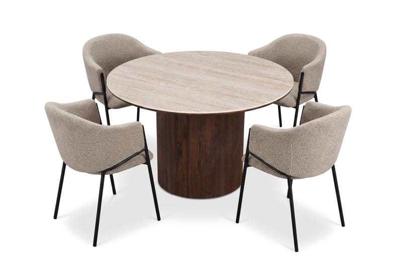 Arvo Spisegruppe rund 120 cm Travertin med 4 Filip Spisestoler - Valnøtt - Møbler - Bord - Spisegruppe