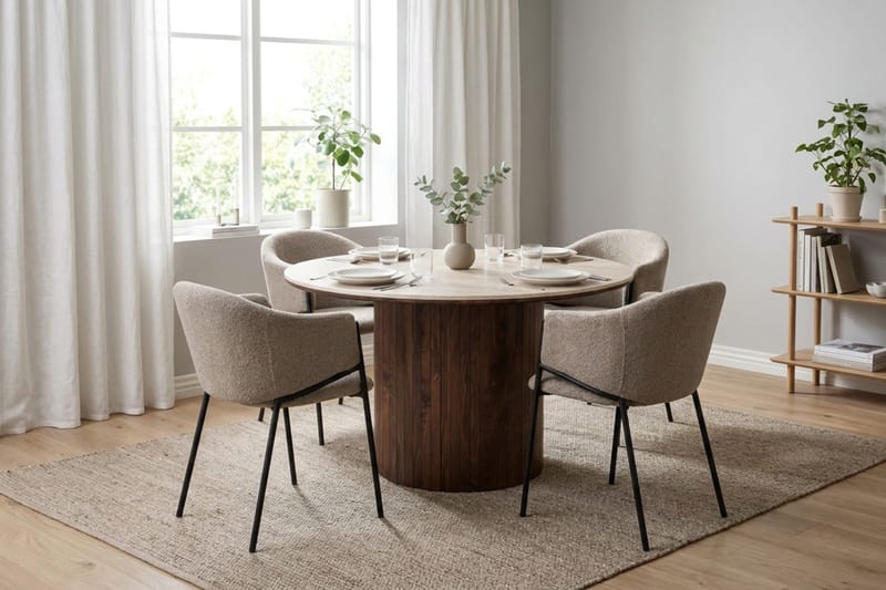 Arvo Spisegruppe rund 120 cm Travertin med 4 Filip Spisestoler - Valnøtt - Møbler - Bord - Spisegruppe