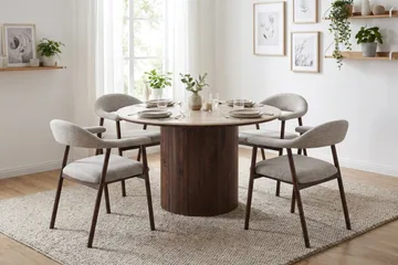 Arvo Spisegruppe rund 120 cm Travertin med 4 Ronja Spisestoler - Valnøtt - Møbler - Bord - Spisegruppe