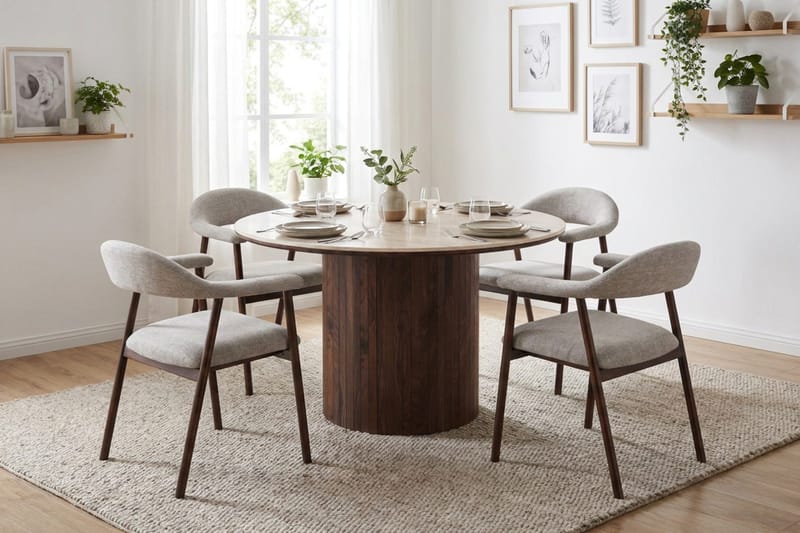 Arvo Spisegruppe rund 120 cm Travertin med 4 Ronja Spisestoler - Valnøtt - Møbler - Bord - Spisegruppe