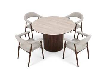 Arvo Spisegruppe rund 120 cm Travertin med 4 Ronja Spisestoler - Valnøtt - Møbler - Bord - Spisegruppe