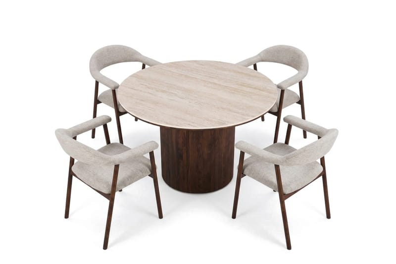 Arvo Spisegruppe rund 120 cm Travertin med 4 Ronja Spisestoler - Valnøtt - Møbler - Bord - Spisegruppe