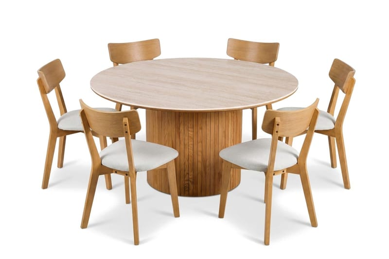 Arvo spisegruppe rund 150 cm eik med 6 Amelia spisestoler med pute, Eik