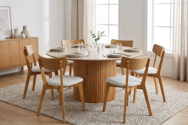 Arvo spisegruppe rund 150 cm eik med 6 Amelia spisestoler med pute - Eik - Møbler - Bord - Spisegruppe