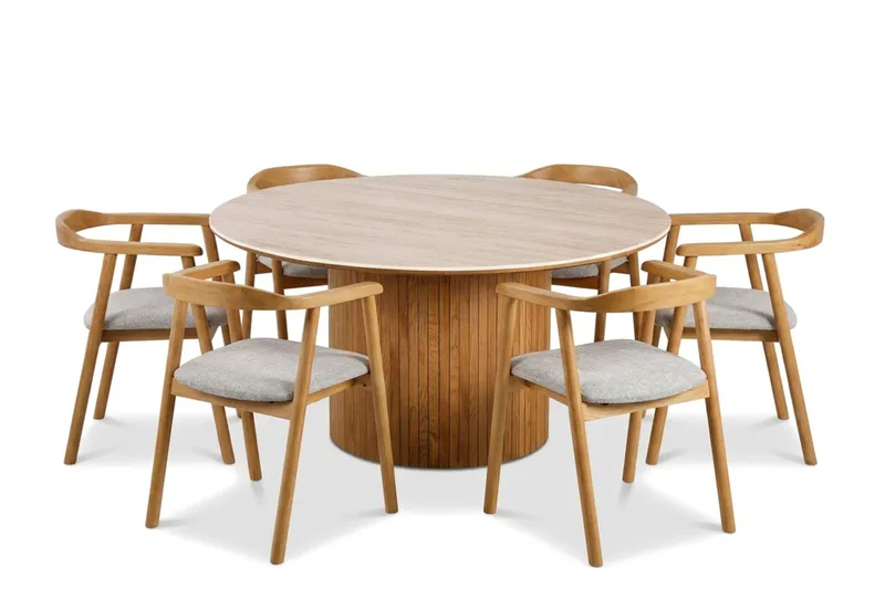 Arvo spisegruppe rund 150 cm eik med 6 Jolie spisestoler, Eik
