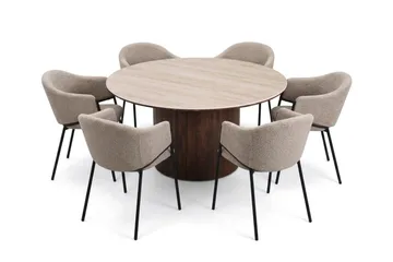 Arvo Spisegruppe rund 150 cm Travertin med 6 Filip Spisestoler - Valnøtt - Møbler - Bord - Spisegruppe