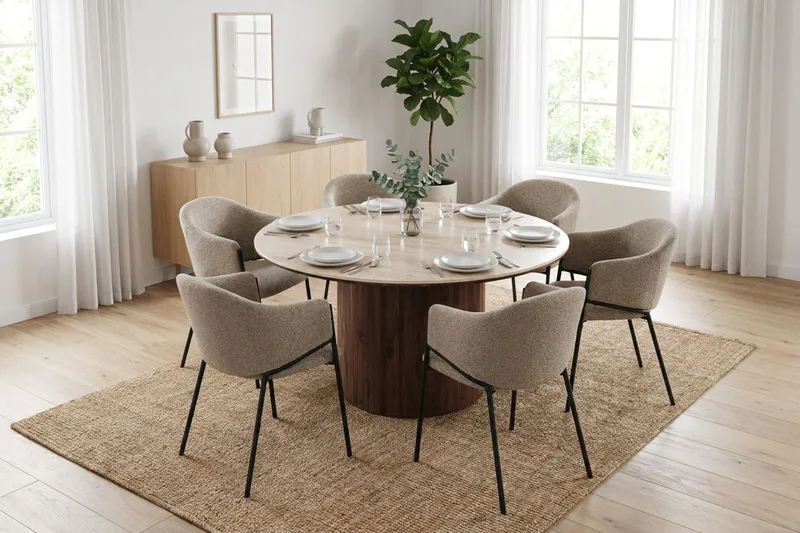 Arvo Spisegruppe rund 150 cm Travertin med 6 Filip Spisestoler - Valnøtt - Møbler - Bord - Spisegruppe