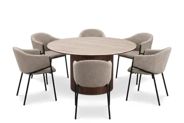 Arvo Spisegruppe rund 150 cm Travertin med 6 Filip Spisestoler - Valnøtt - Møbler - Bord - Spisegruppe