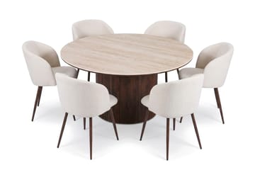 Arvo Spisegruppe rund 150 cm Travertin med 6 Greya Spisestoler - Valnøtt - Møbler - Bord - Spisegruppe
