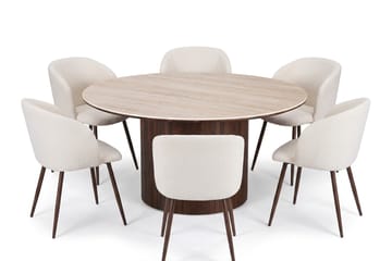 Arvo Spisegruppe rund 150 cm Travertin med 6 Greya Spisestoler - Valnøtt - Møbler - Bord - Spisegruppe