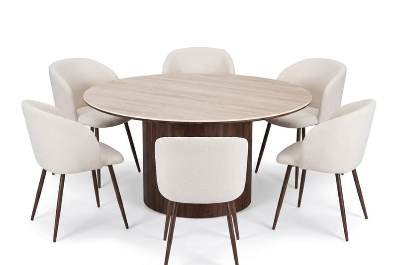 Arvo Spisegruppe rund 150 cm Travertin med 6 Greya Spisestoler - Valnøtt - Møbler - Bord - Spisegruppe