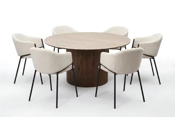 Arvo spisegruppe rund 150 cm valnøtt med 6 Filip spisestoler - Valnøtt/Hvit - Møbler - Bord - Spisegruppe