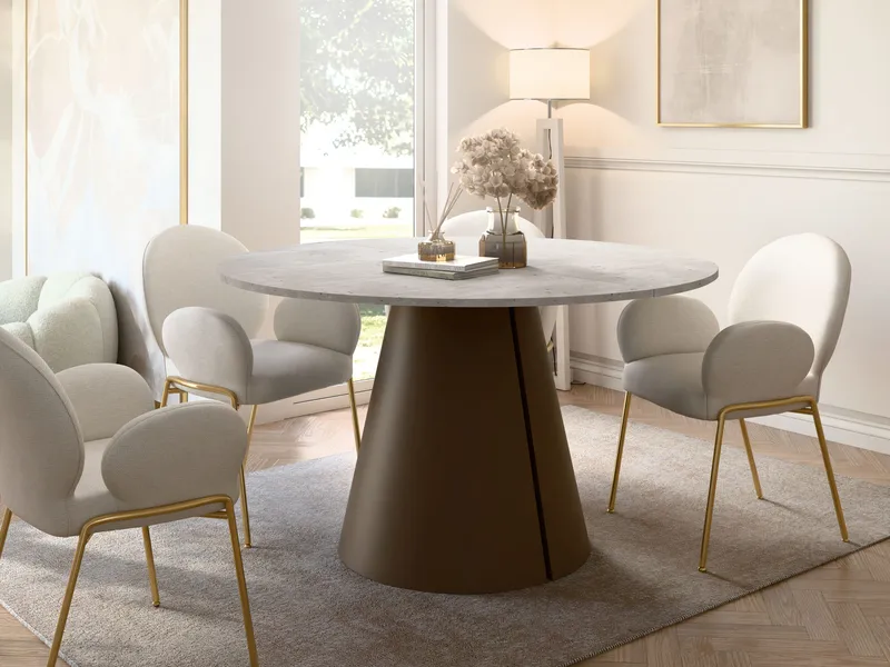 Aurion Rundt Uttrekkbart Spisebord 120–196 cm - beige travertin og kobber - Møbler - Bord - Spisebord & kjøkkenbord