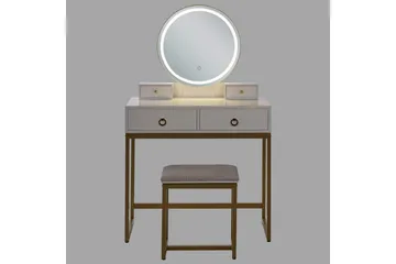 Auxon Sminkebord med Speil og Belysning i Tre med Metallben - Hvit|Beige - Møbler - Bord - Sminkebord & toalettbord