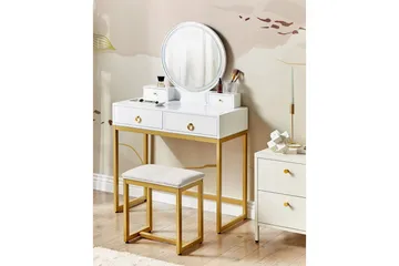 Auxon Sminkebord med Speil og Belysning i Tre med Metallben - Hvit|Beige - Møbler - Bord - Sminkebord & toalettbord