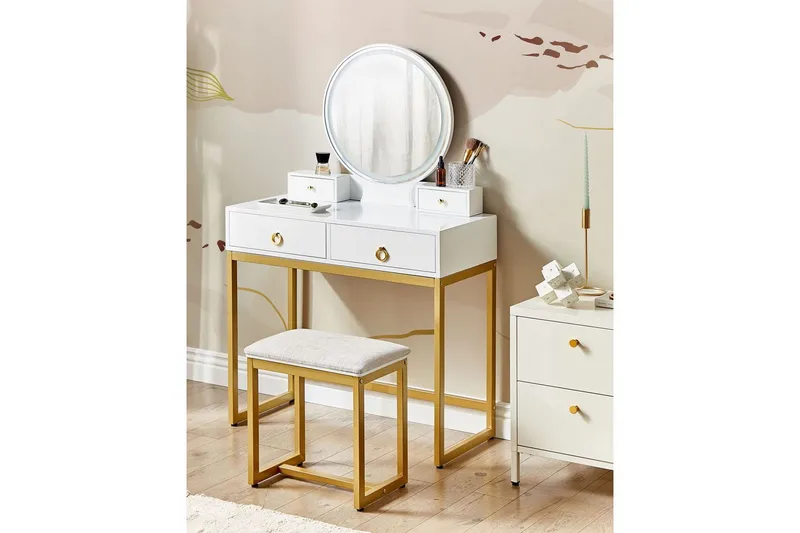 Auxon Sminkebord med Speil og Belysning i Tre med Metallben - Hvit|Beige - Møbler - Bord - Sminkebord & toalettbord