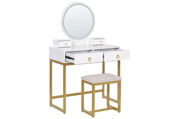 Auxon Sminkebord med Speil og Belysning i Tre med Metallben - Hvit|Beige - Møbler - Bord - Sminkebord & toalettbord