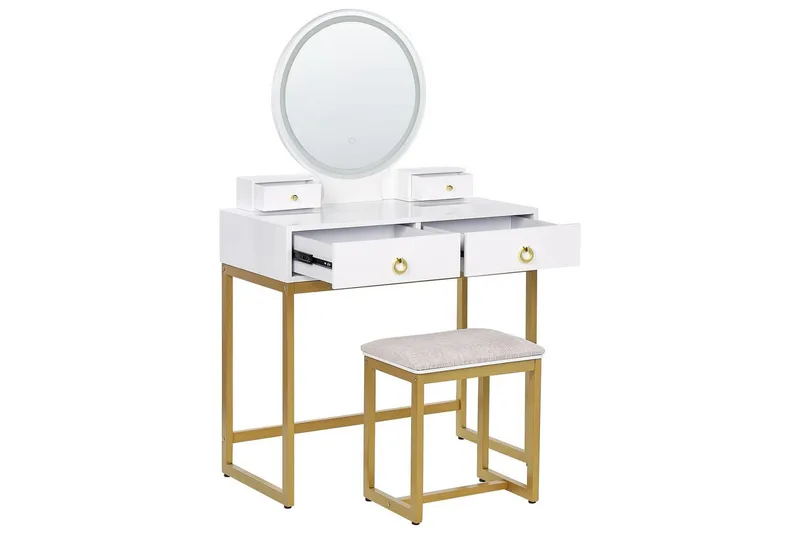 Auxon Sminkebord med Speil og Belysning i Tre med Metallben - Hvit|Beige - Møbler - Bord - Sminkebord & toalettbord