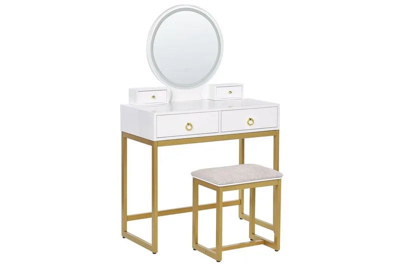 Auxon Sminkebord med Speil og Belysning i Tre med Metallben, Hvit|Beige
