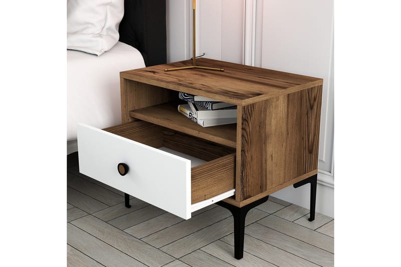 Ameias Nattbord 56x40 cm Brun/Hvit - Hanah Home - Møbler - Bord - Avlastningsbord & sidobord - Sengebord & nattbord