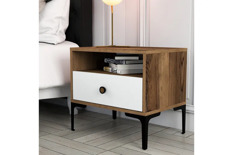 Ameias Nattbord 56x40 cm Brun/Hvit - Hanah Home - Møbler - Bord - Avlastningsbord & sidobord - Sengebord & nattbord