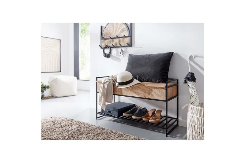 Benke Wohnling industrielt utseende med stor lagringsplass i massivt tre og åpen skohylle Beige - Beige - Møbler - Bord - Avlastningsbord & sidobord - Brettbord og småbord