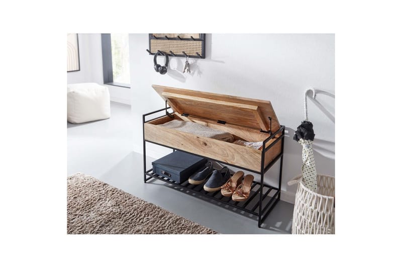Benke Wohnling industrielt utseende med stor lagringsplass i massivt tre og åpen skohylle Beige - Beige - Møbler - Bord - Avlastningsbord & sidobord - Brettbord og småbord